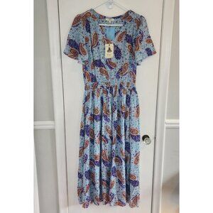 NEW Easel Los Angeles Sz Small Floral Long Dress Teal Blue Paisley Short Sleeve